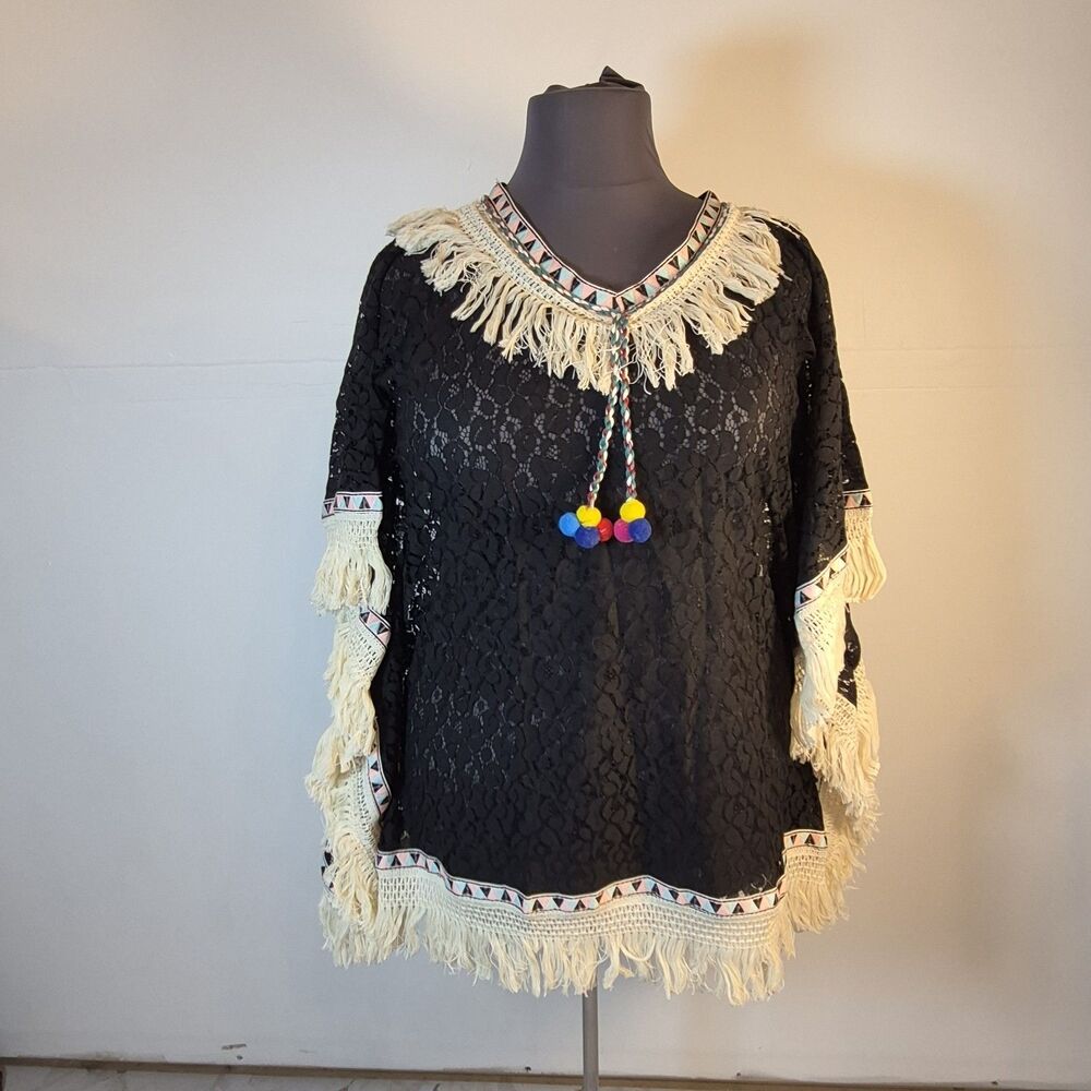 Velzera Women's Poncho One Size Black Creme Fringe Colorful Pom-Poms Boho